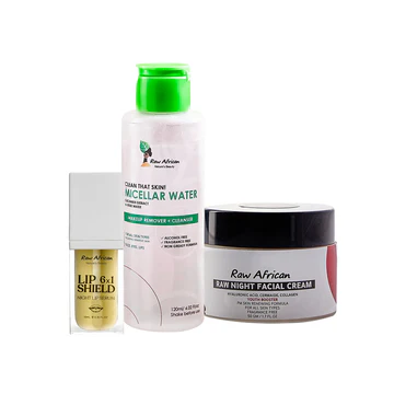 Three skincare products from Raw African on a white background