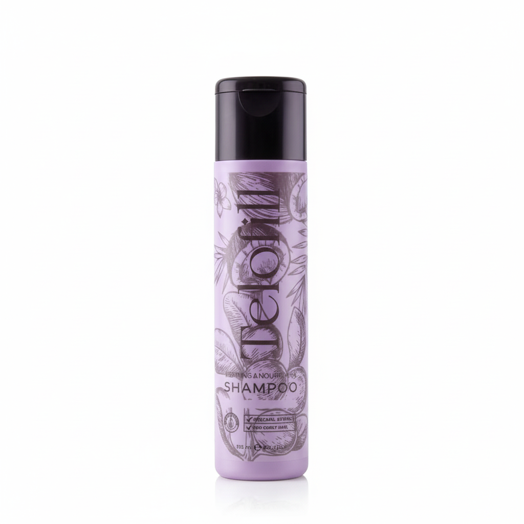 Shampoo bottle with a purple label on a white background