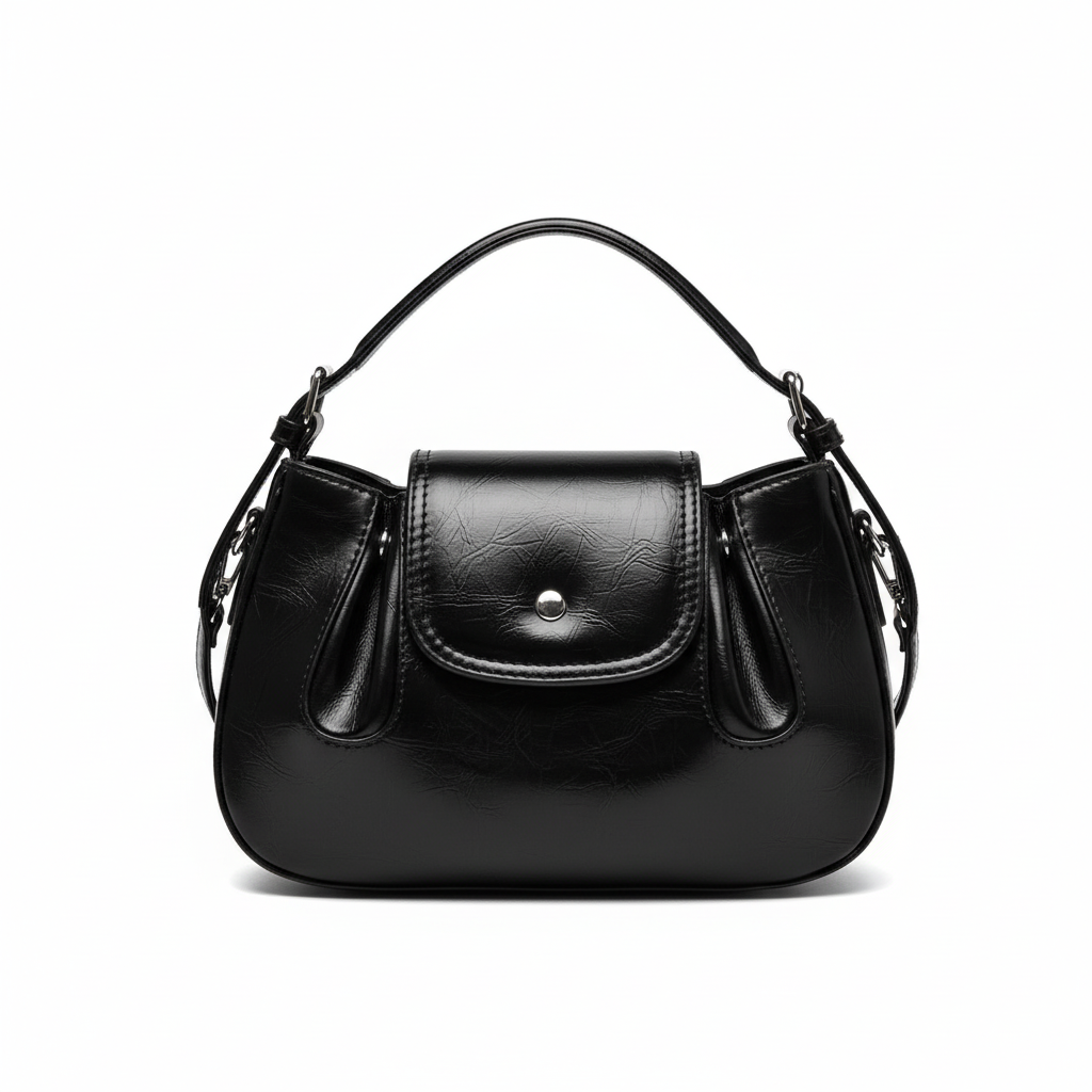 Black leather handbag front view