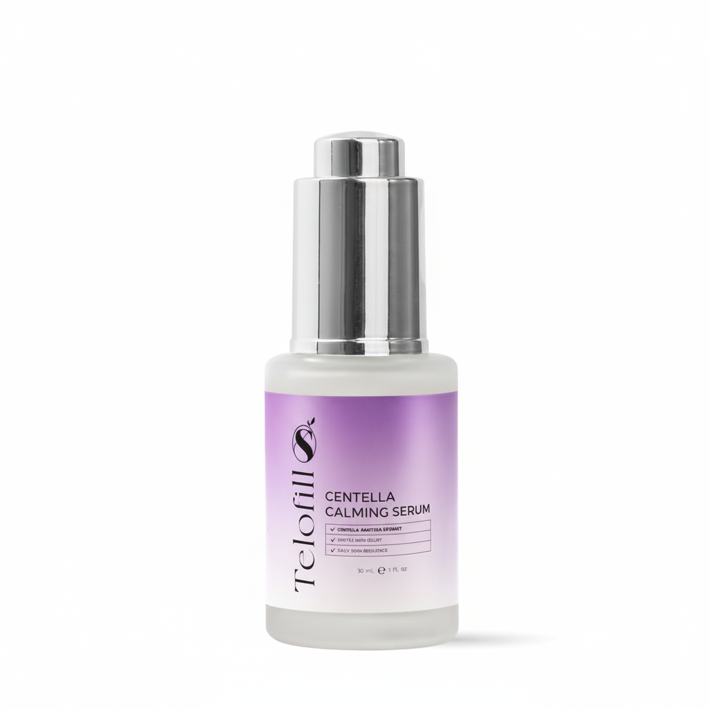 Telofill Centella Calming Serum bottle with purple label on a white background