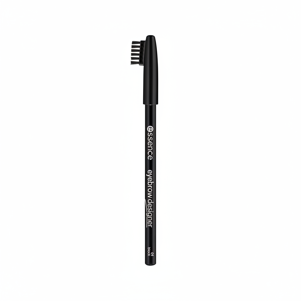 Essence eyebrow designer pencil in black with spoolie brush on white background