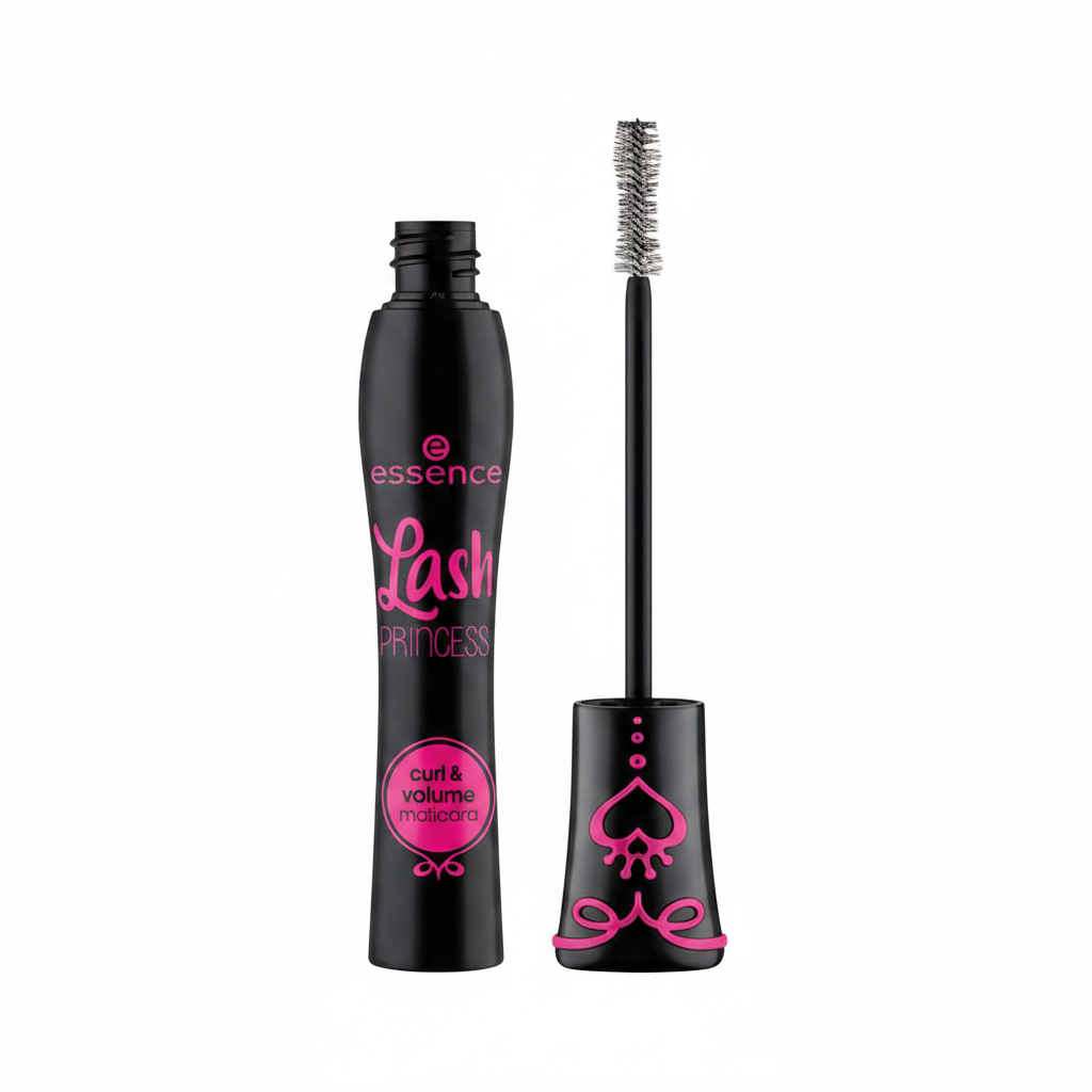 Essence Lash Princess curl and volume mascara with pink accents and wand on white background