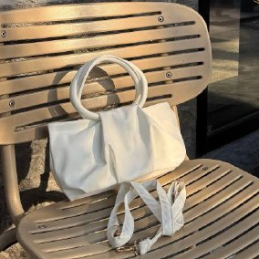 Ruched Ring Handle Bag Beige Detachable Crossbody Strap 25x14cm