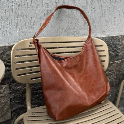 Leather Shoulder Bag Cognac Distressed Finish Single Strap 38x30cm