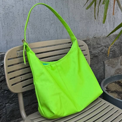 Leather Shoulder Bag Neon Green Smooth Finish Single Strap 38x30cm