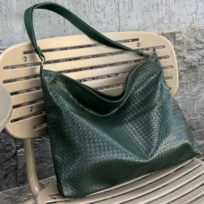 Woven Tote Bag Forest Green Leather Handle Slouchy 43x32cm