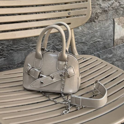 Mini Top-Handle Chain Bag Beige Smooth Leather Silver Chain Strap 16x12cm