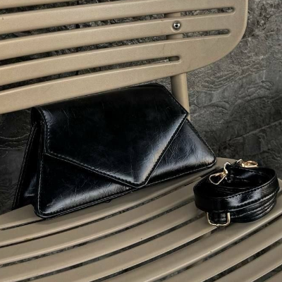 Geometric Flap Crossbody Bag Black Adjustable Shoulder Strap 24x14cm