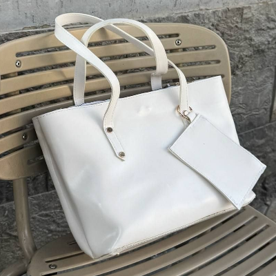 Leather Tote Bag with Pouch White Dual Handles Silver Hardware 35x23cm