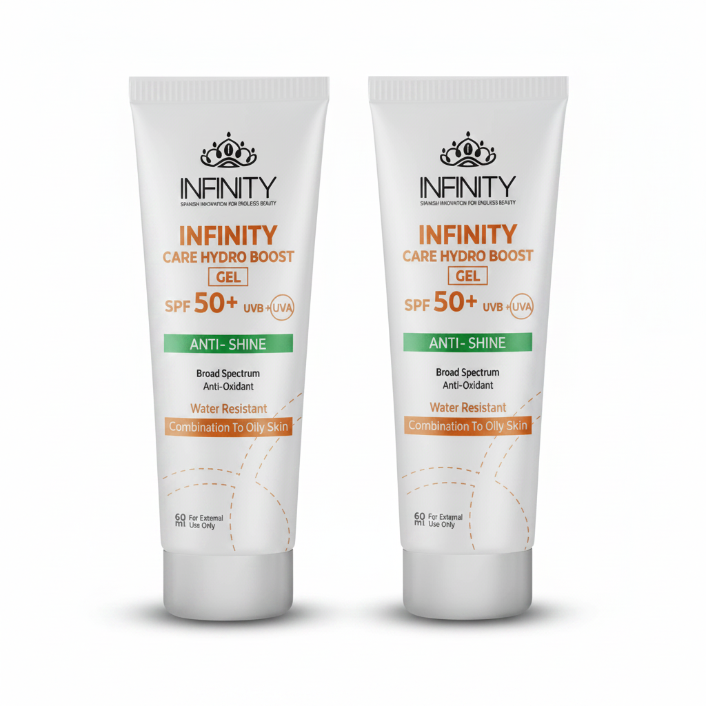 Infinity Care Hydro Boost Gel SPF 50 Anti Shine Duo White Background