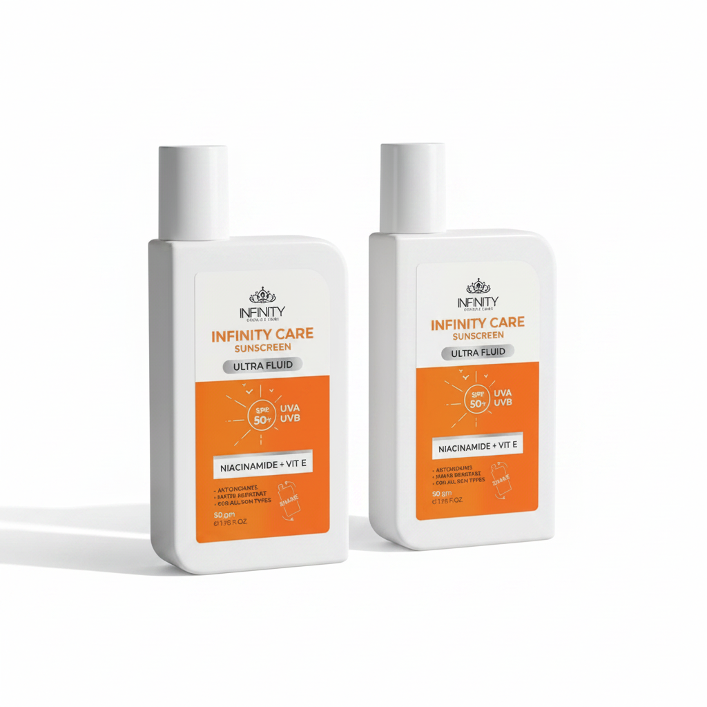 Infinity Care Sunscreen Ultra Fluid Two Bottles White Background