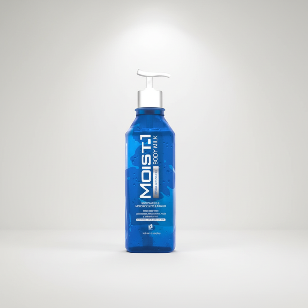 Blue bottle of MOIST1 body milk on a white background