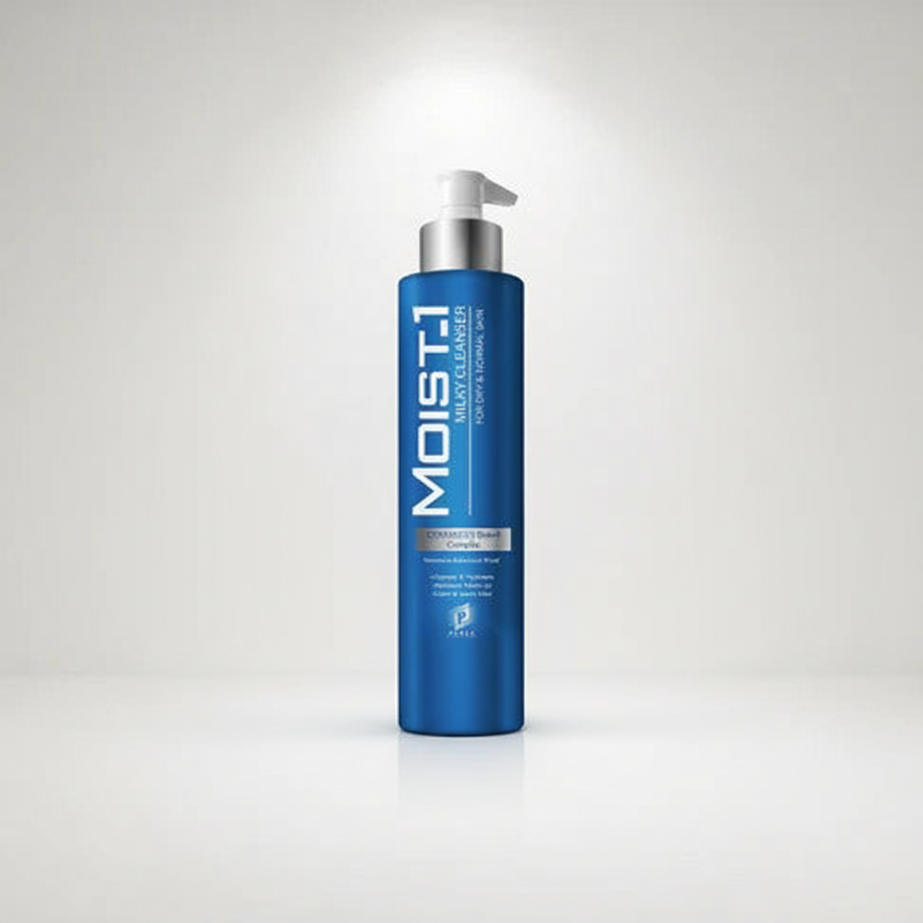 Blue bottle with silver pump labeled 'MOIST1' on a white background