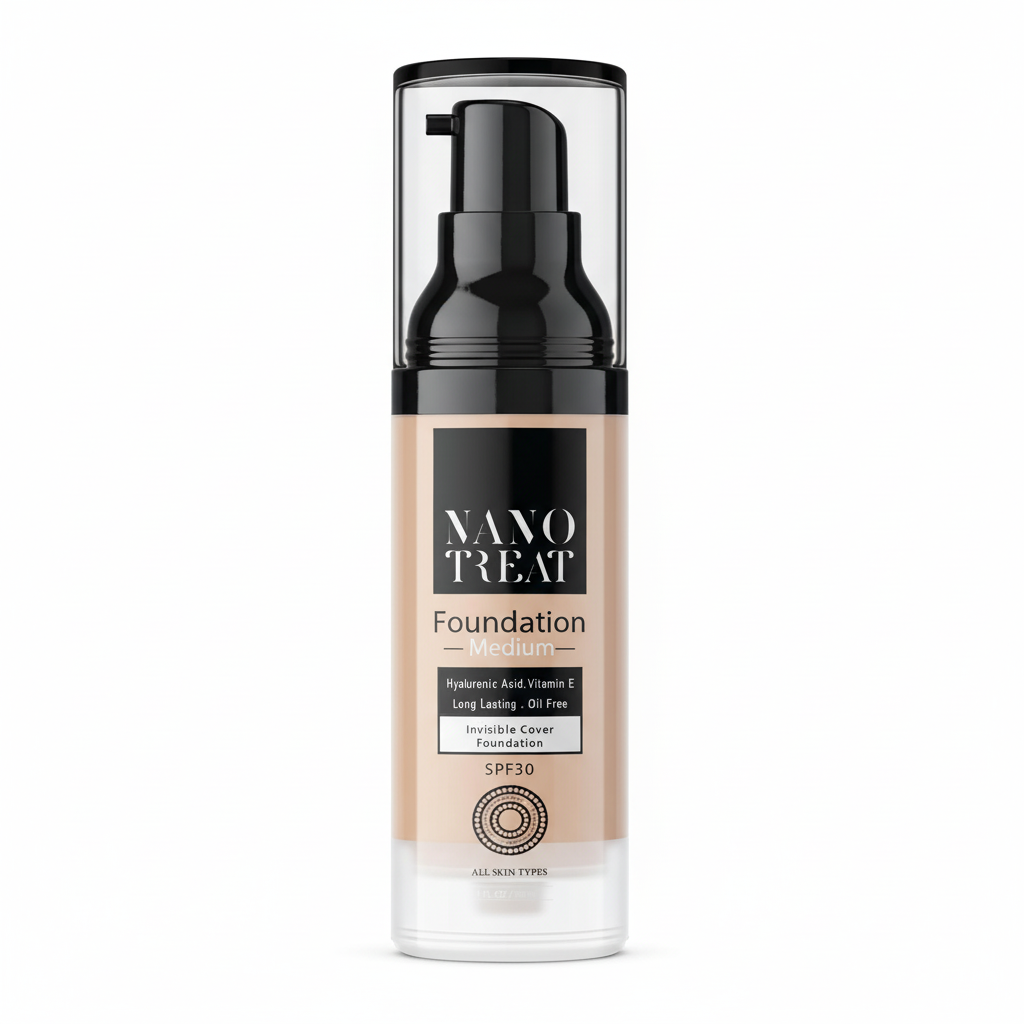 Nano Treat foundation bottle with pump on a white background