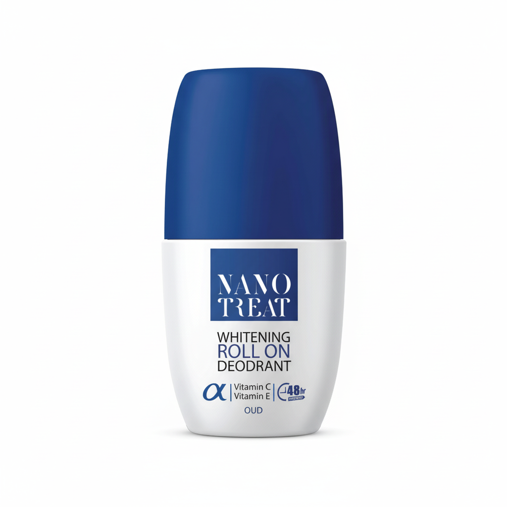 Nano Treat whitening roll-on deodorant with blue cap on a white background