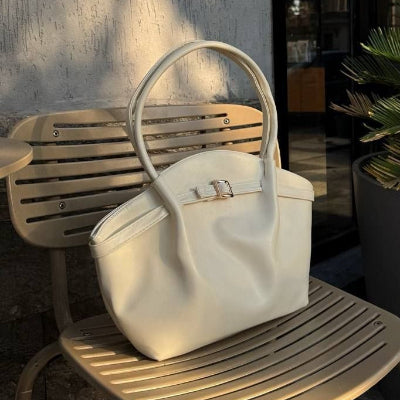 Structured Tote Bag beige Gold Buckle Double Handles 38x27cm