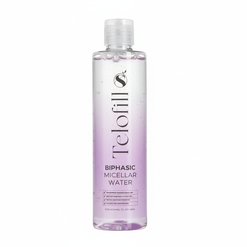 Bottle of Telofill biphasic micellar water on a white background