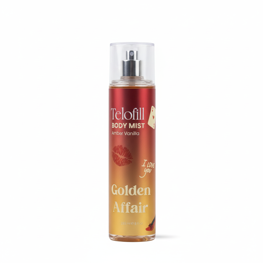 Telofill body mist bottle with 'Golden Affair' text on a white background