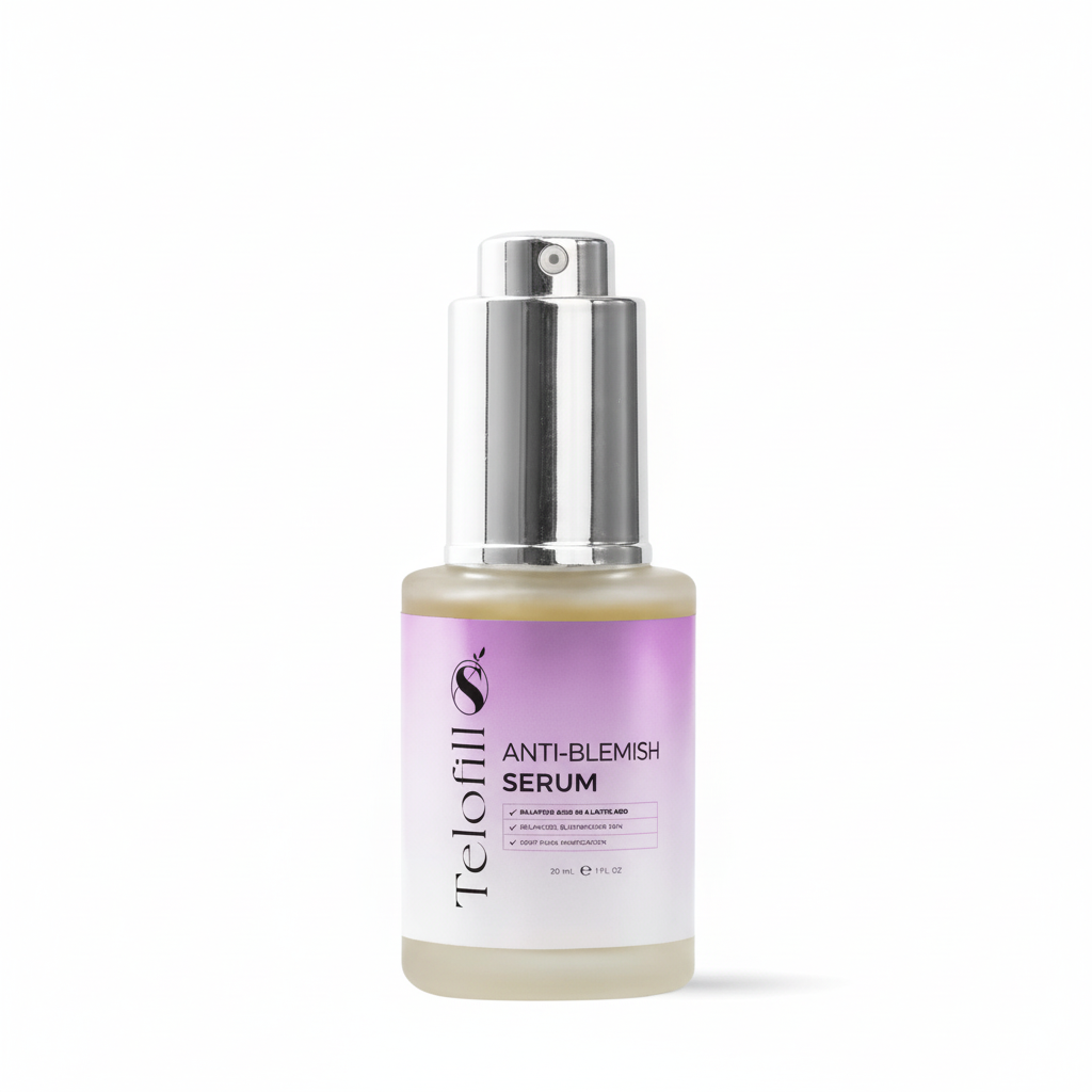 Anti-blemish serum bottle with purple label on a white background