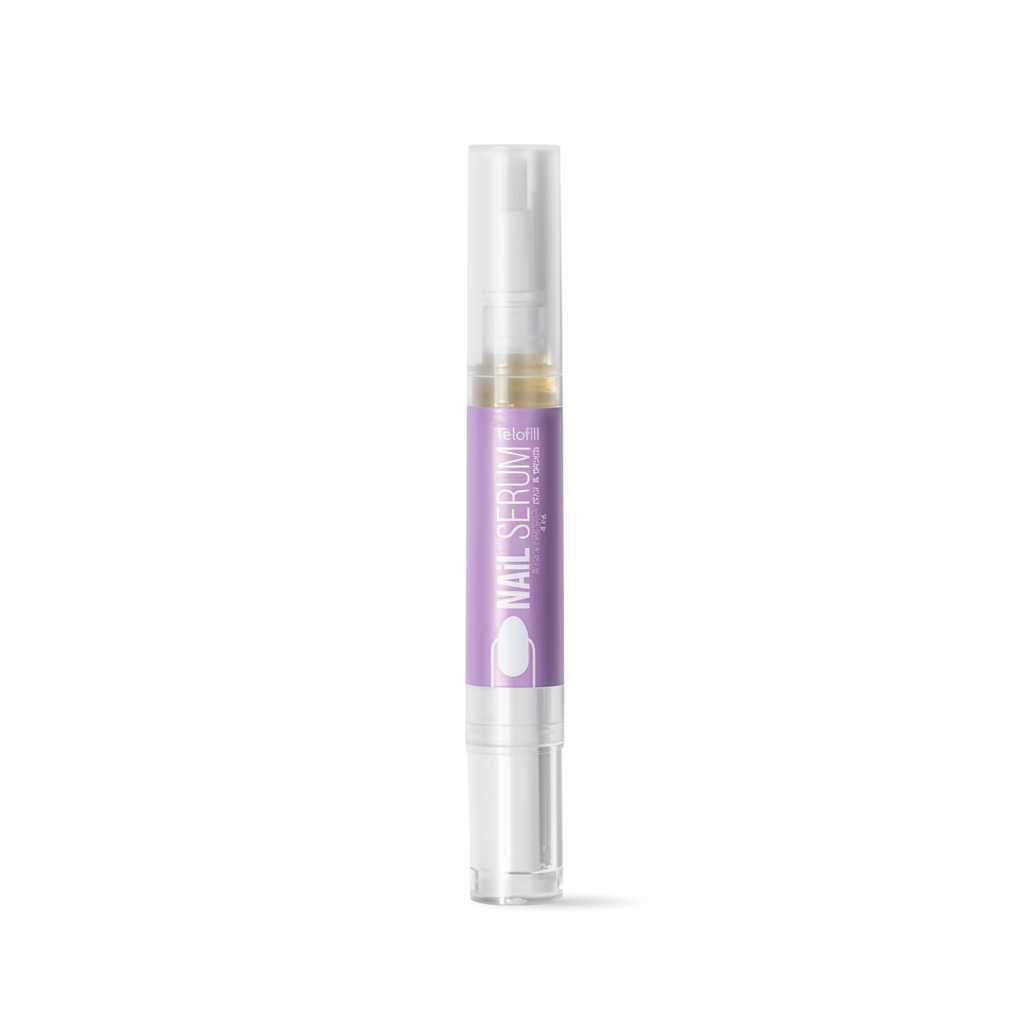 Nail serum bottle with purple label on a white background