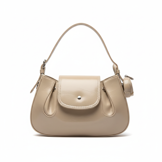 Beige leather handbag front view