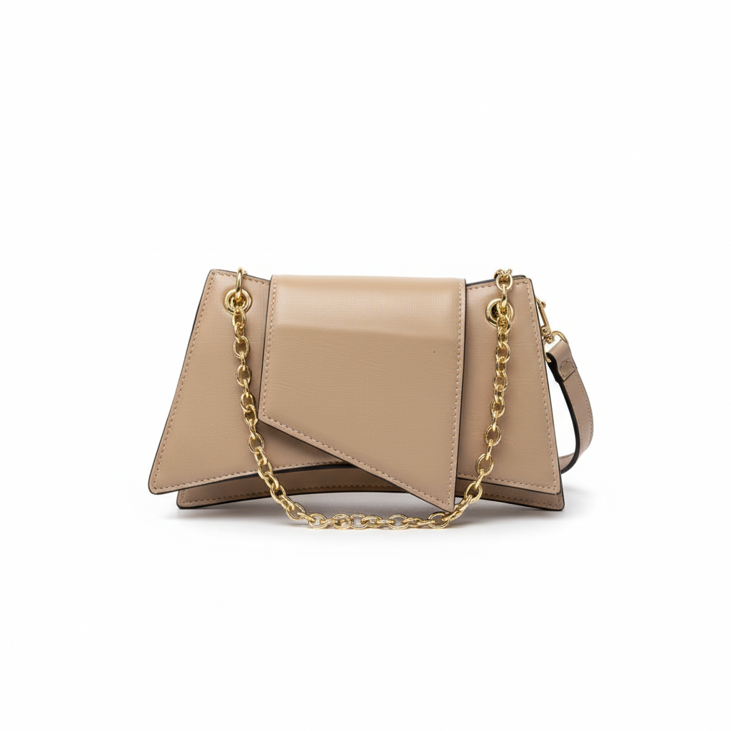 Beige taupe leather handbag with gold chain straps