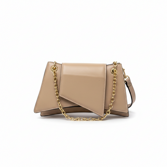 Beige taupe leather handbag with gold chain straps