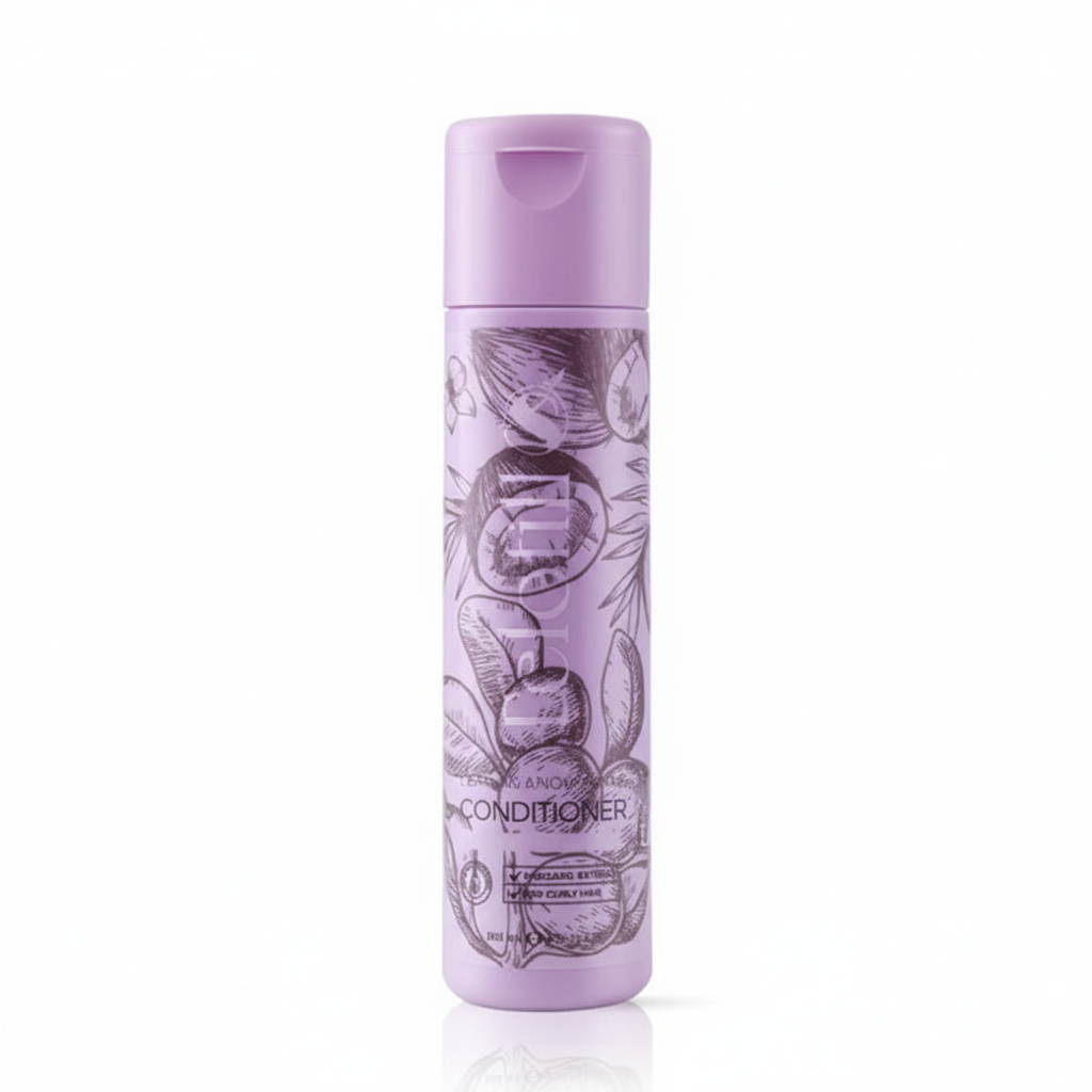 Purple conditioner bottle with decorative label on a white background