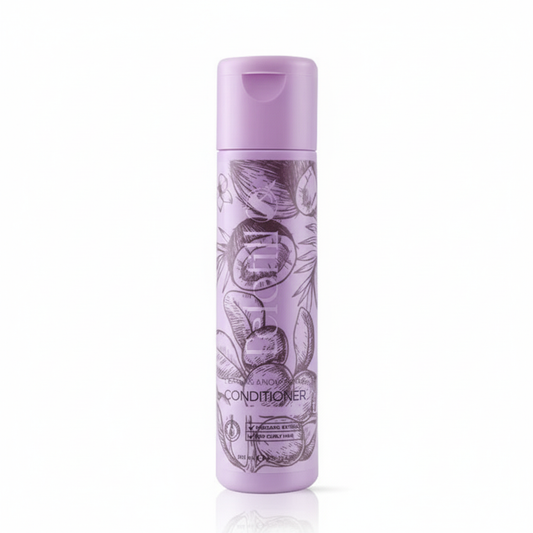 Purple conditioner bottle with decorative label on a white background