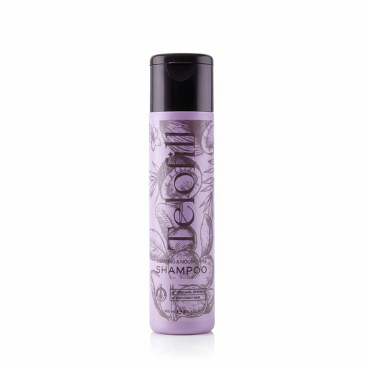 Shampoo bottle with a purple label on a white background
