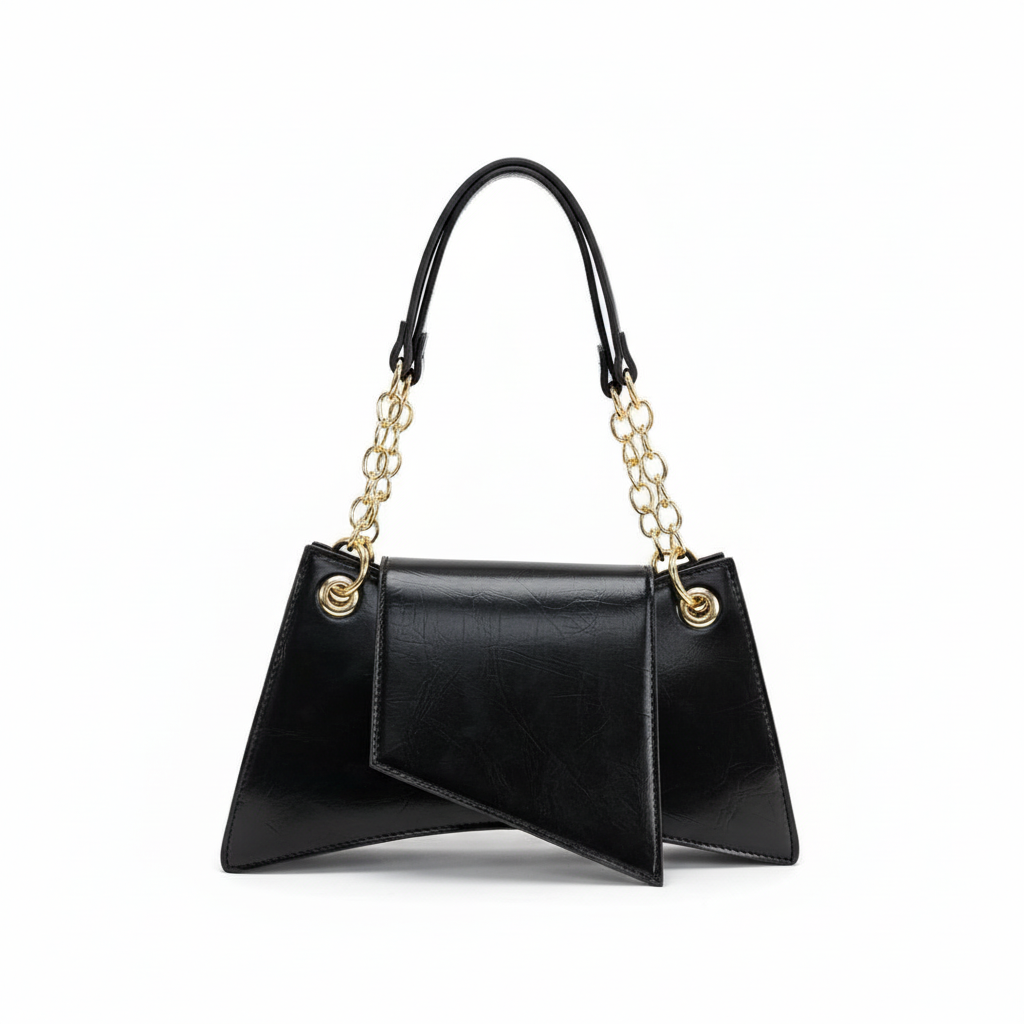 Black leather handbag with gold chain straps