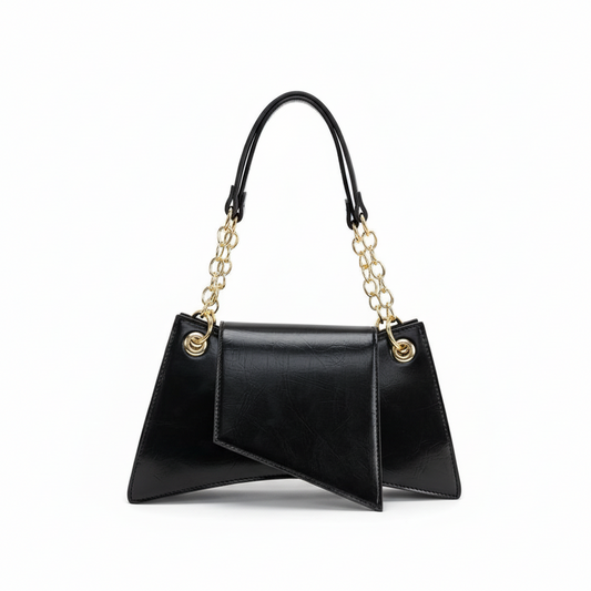 Black leather handbag with gold chain straps