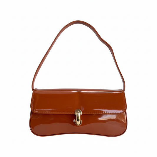 Brown cognac patent leather shoulder bag - saturated