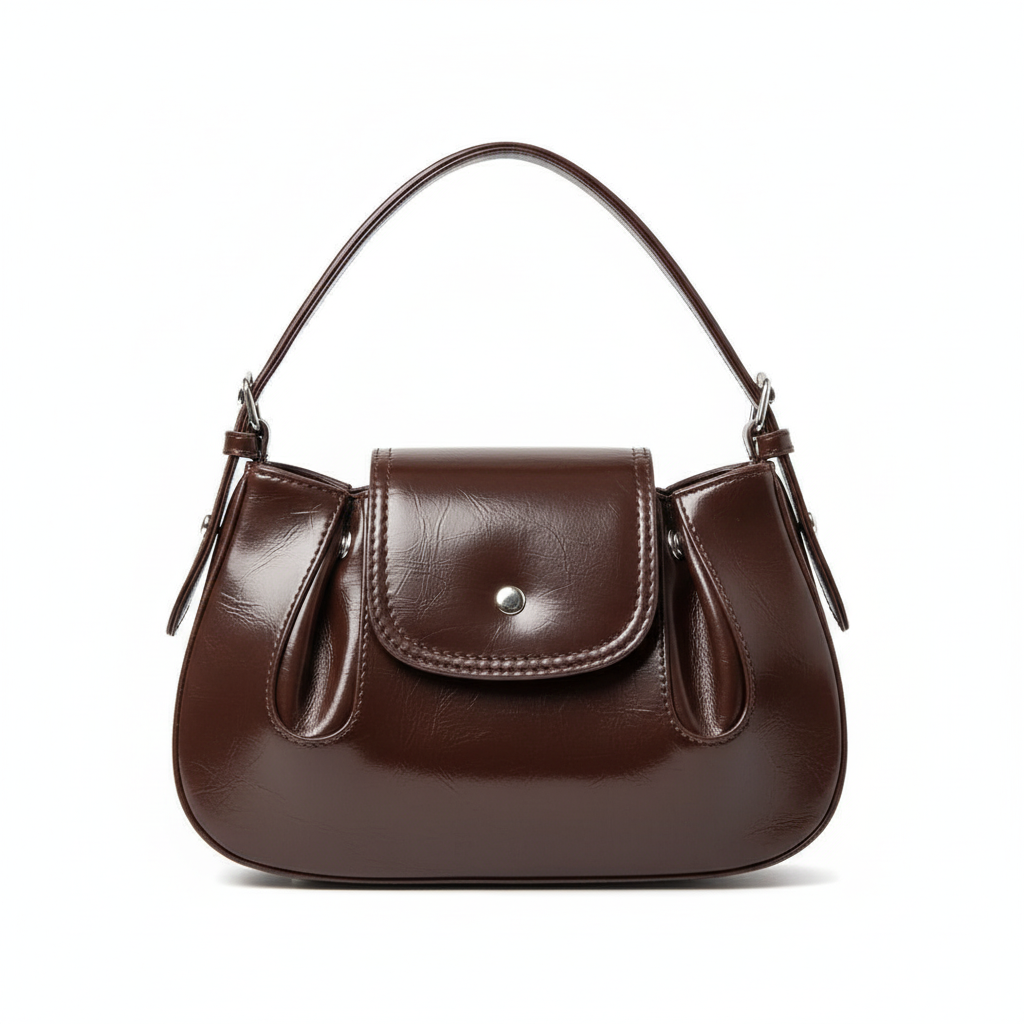 Brown leather handbag front view