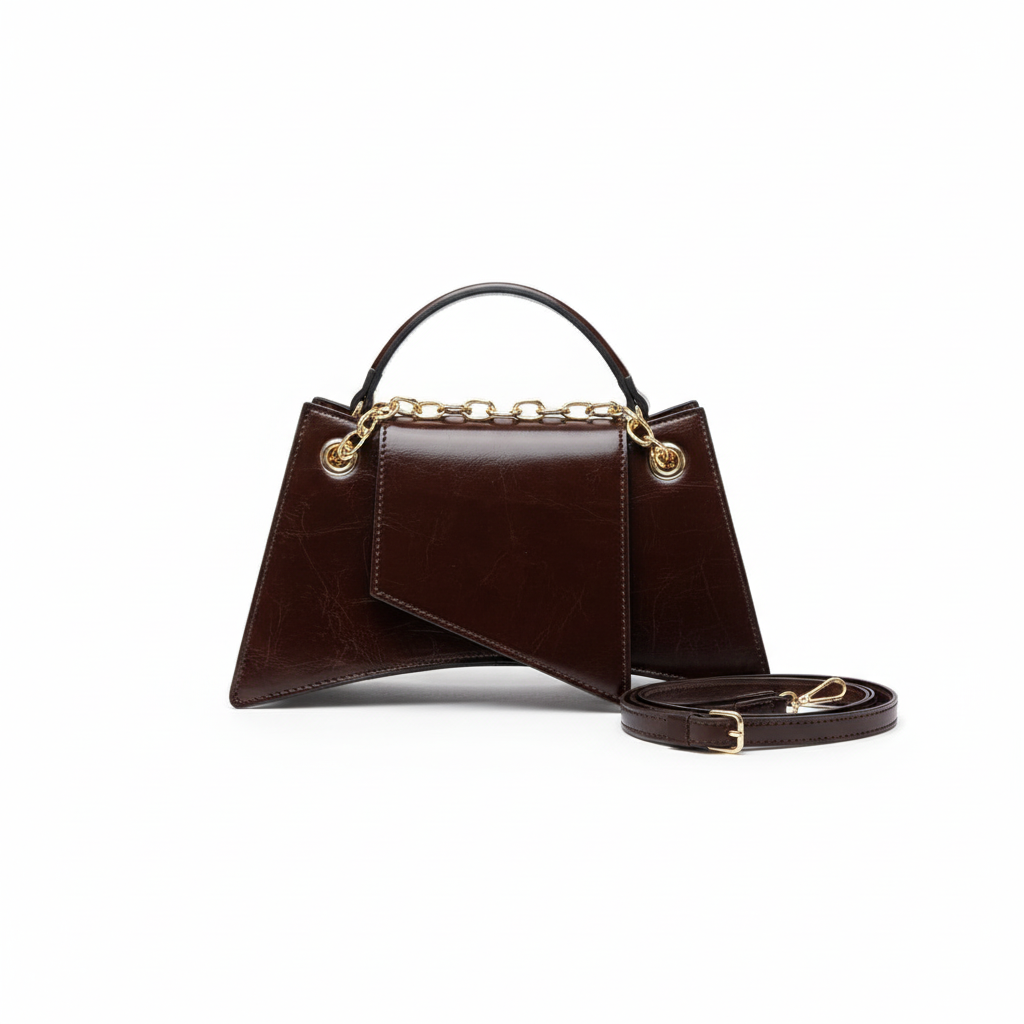 Black leather handbag with gold chain straps