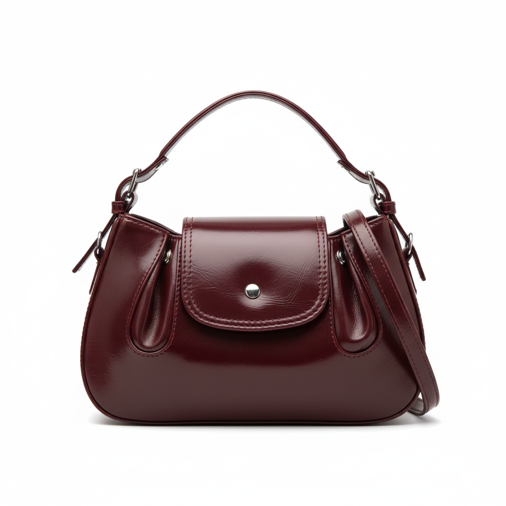 Burgundy leather handbag front view