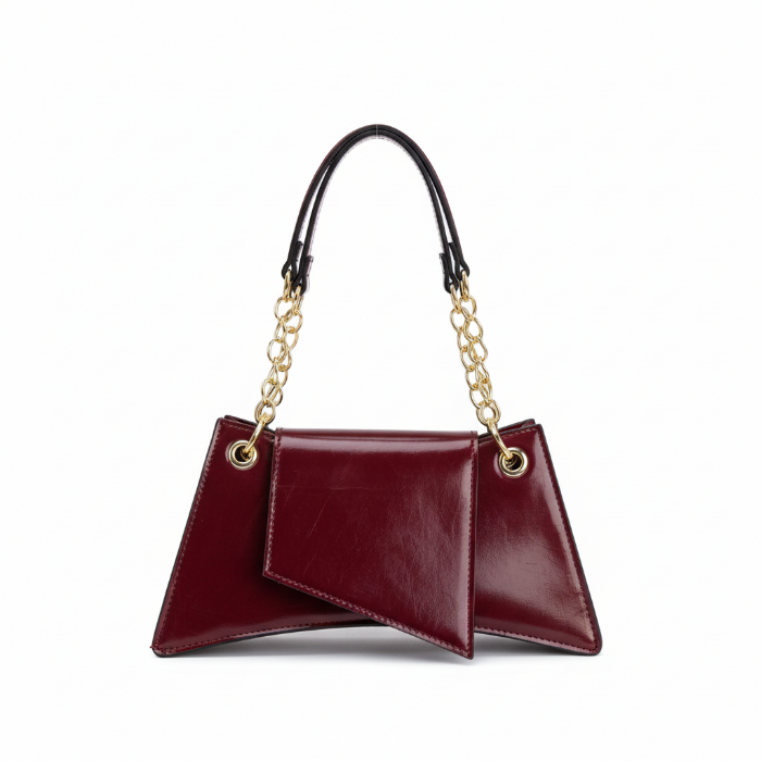 Burgundy red leather handbag with gold chain straps 
