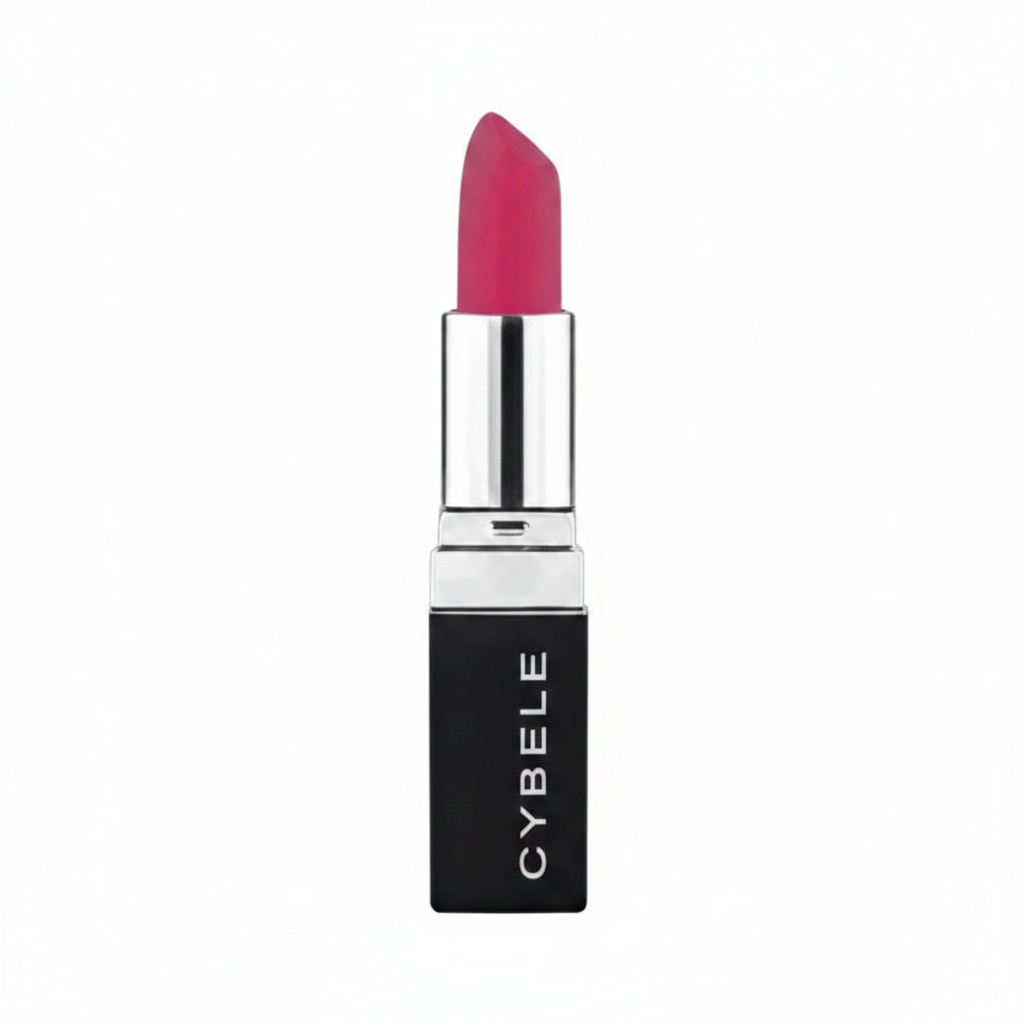 Cybele fuchsia magenta matte lipstick in black and silver packaging