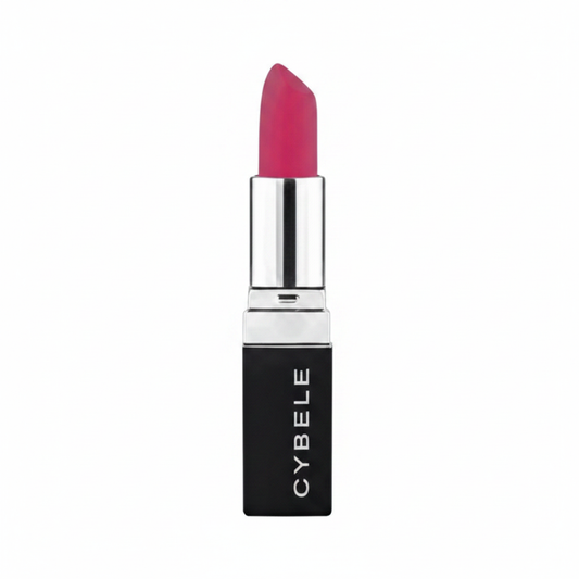 Cybele fuchsia magenta matte lipstick in black and silver packaging