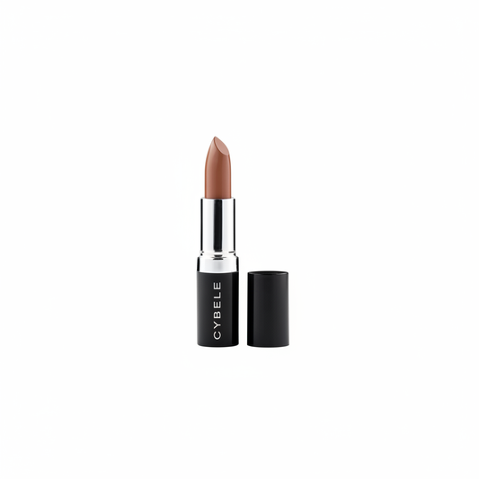 Cybele nude beige caramel bullet lipstick in black and silver case on white background