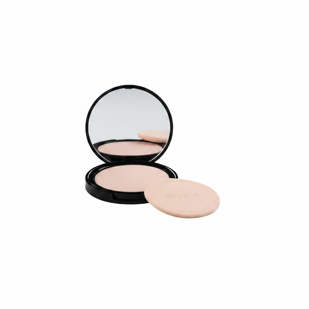Cybele Pressed Face Powder in light pink beige shade, open compact with mirror and powder puff