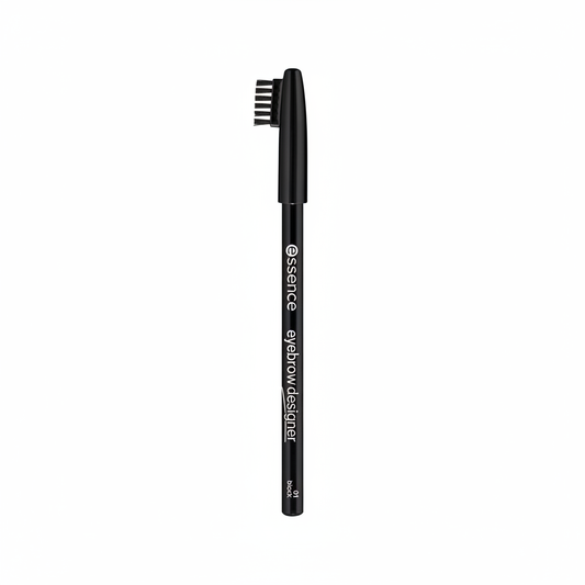 Essence eyebrow designer pencil in black with spoolie brush on white background