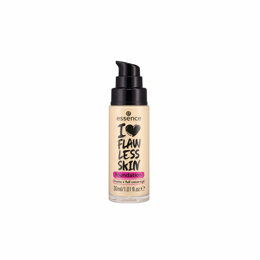 Essence I Love Flawless Skin liquid foundation in ivory beige pump bottle on white background