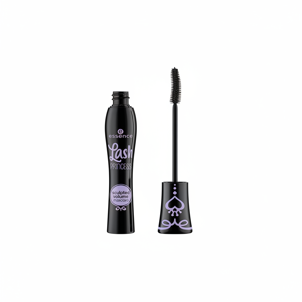 Essence Lash Princess sculpted volume mascara with lavender accents and wand on white background