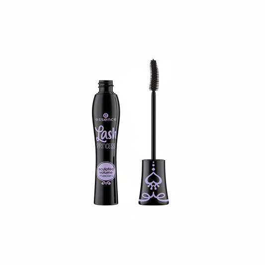 Essence Lash Princess sculpted volume mascara with lavender accents and wand on white background