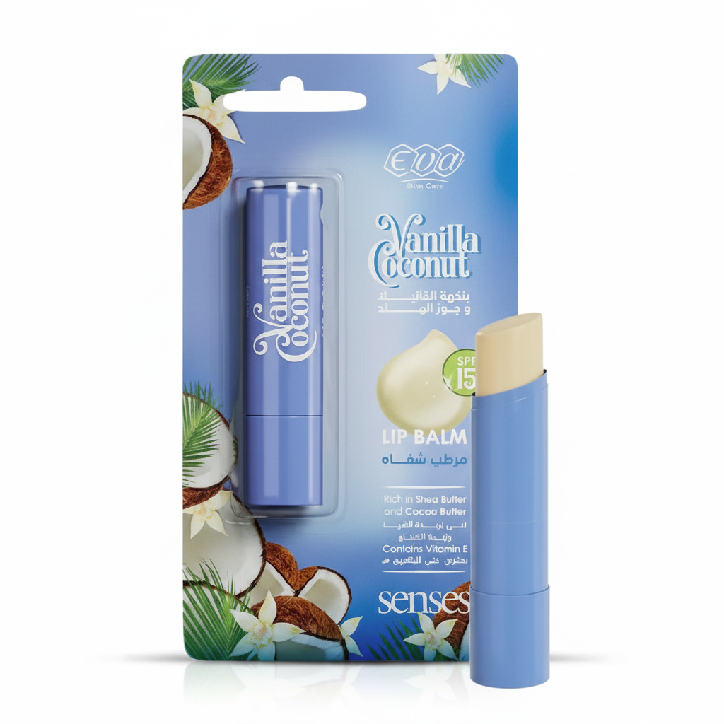 Eva Senses Vanilla Coconut Lip Balm with pure white background