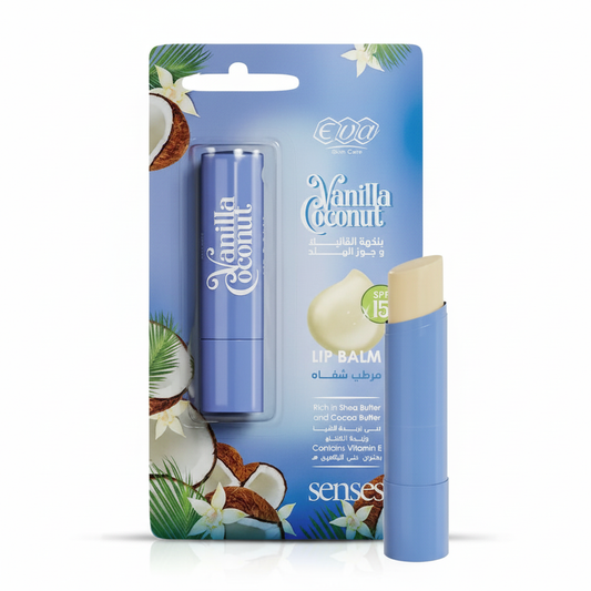 Eva Senses Vanilla Coconut Lip Balm with pure white background