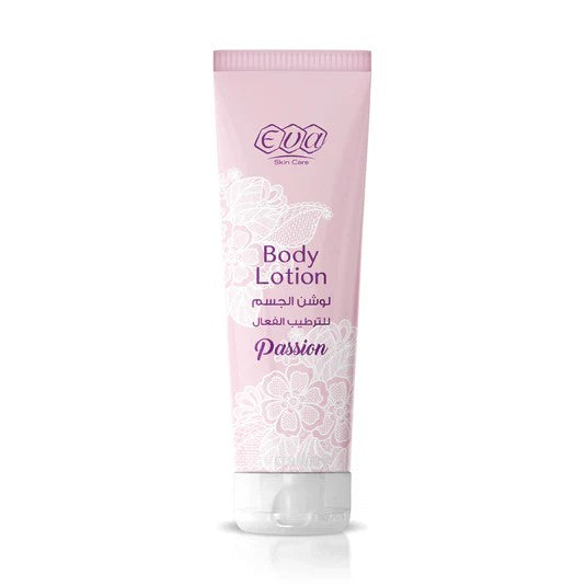 eva Body lotion tube with pink packaging and floral design on a white background