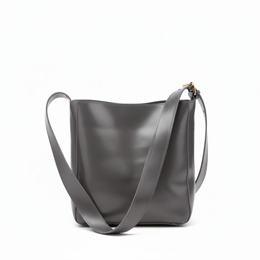 Gray leather crossbody tote