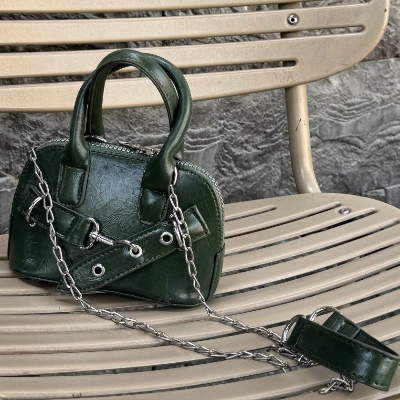 Mini Top-Handle Chain Bag Forest Green Crinkled Leather Silver Chain Strap 16x12cm